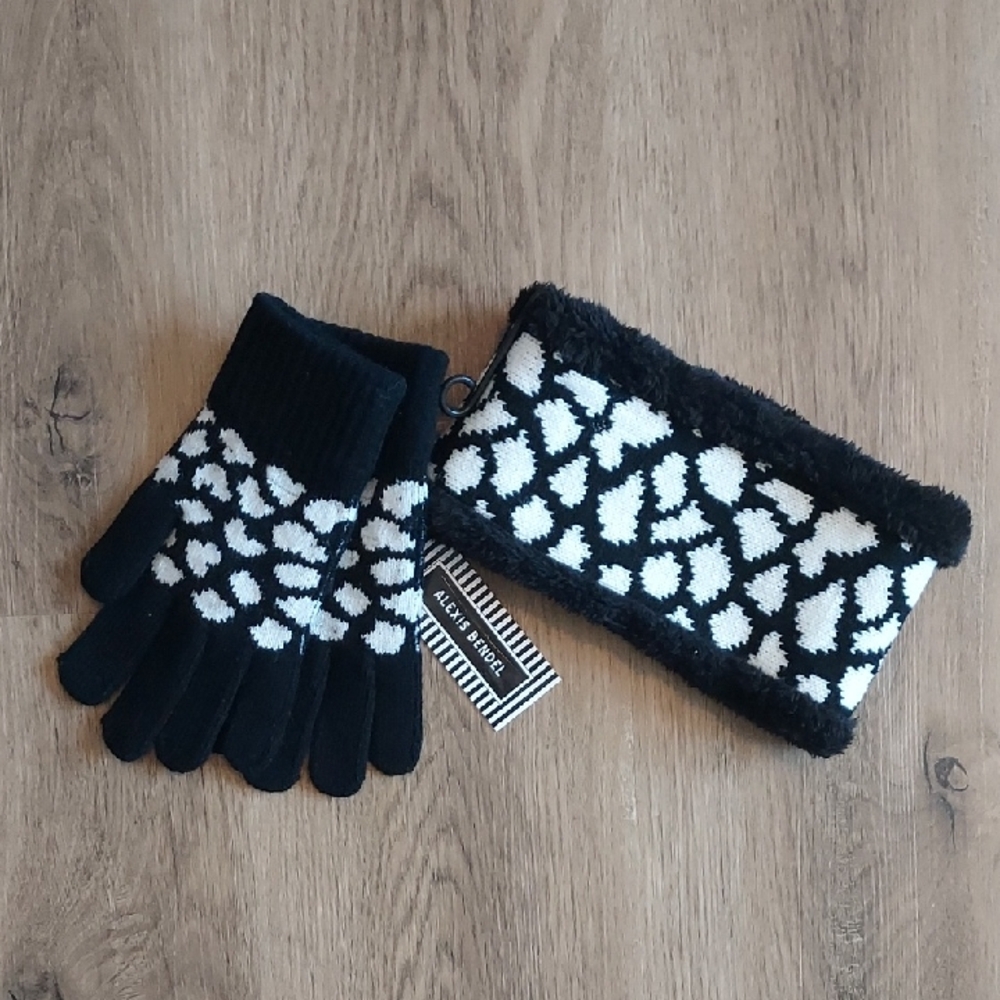 NEW Women's Black and White Knit Gloves and Headband Set